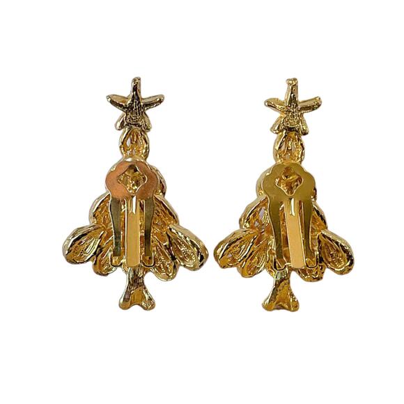 1980s Gold Plate Red Green White Rhinestones Christmas Tree Clip Earrings - Picture 2 of 3